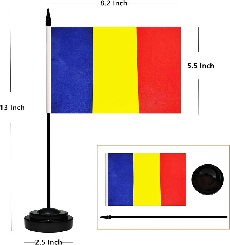 BCLin Romania Desk Flag Set, 2 Pack Romanian Table Office Flags, Small Mini Desktop Flag With 12" Solid Black Pole, Black Base, Miniature Desktop Flag - Image 2